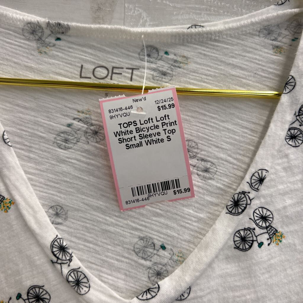Loft White Bicycle Print Short Sleeve Top Small