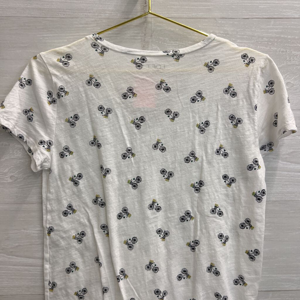 Loft White Bicycle Print Short Sleeve Top Small