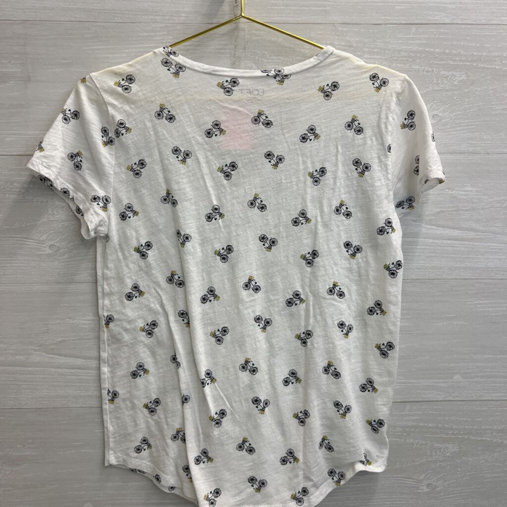 Loft White Bicycle Print Short Sleeve Top Small
