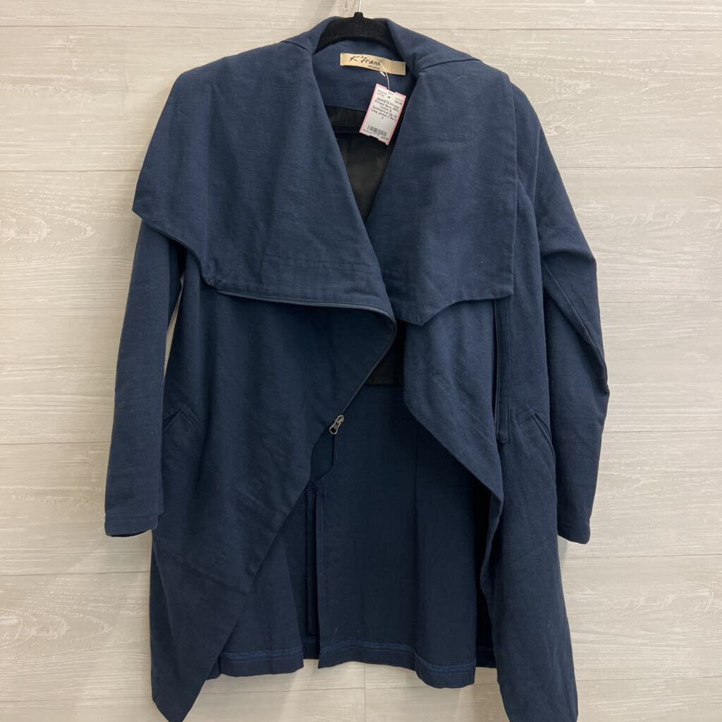 K'frans Navy 100% Cotton A Symmetrical Zip Up Long Jacket 2