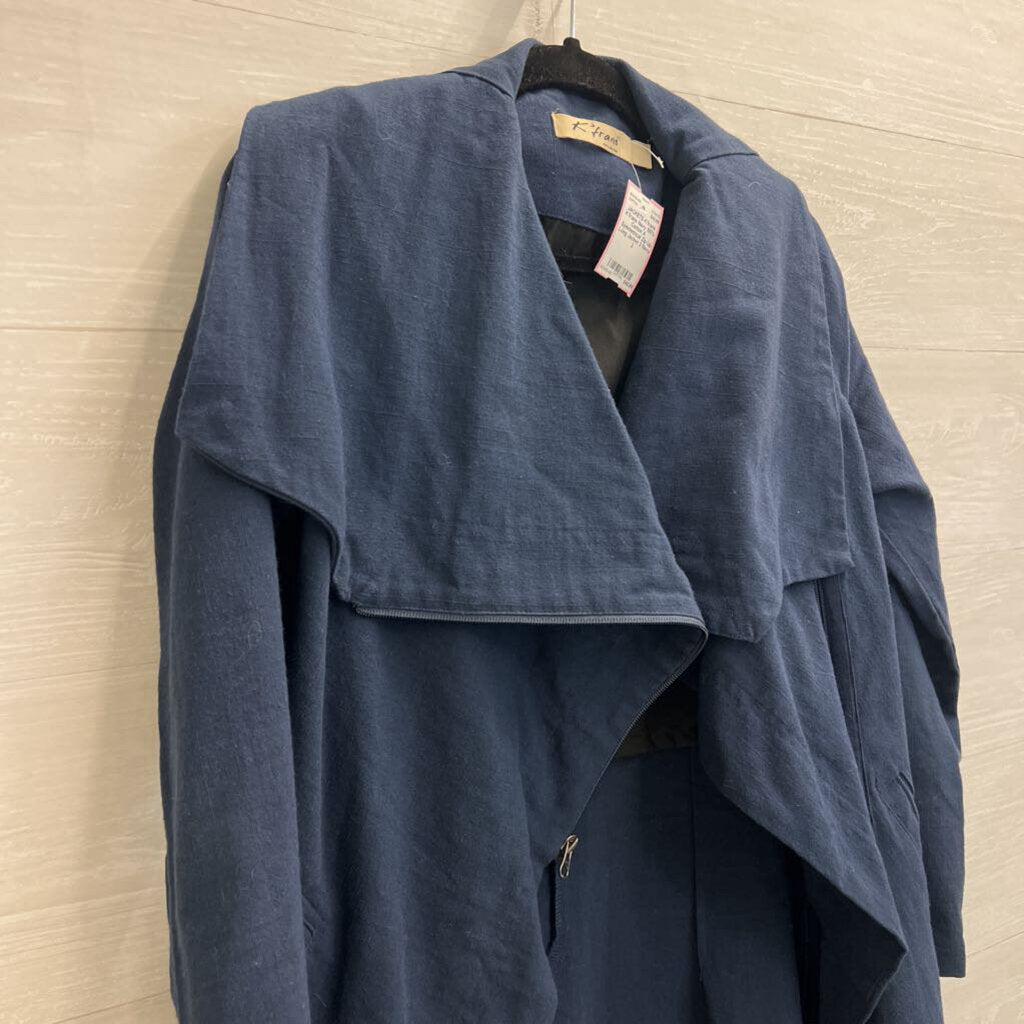 K'frans Navy 100% Cotton A Symmetrical Zip Up Long Jacket 2