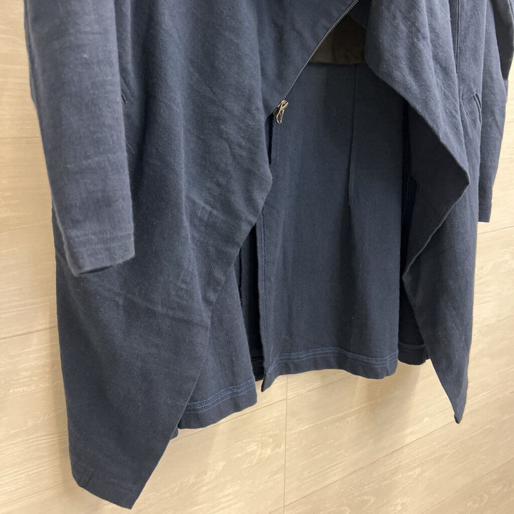 K'frans Navy 100% Cotton A Symmetrical Zip Up Long Jacket 2