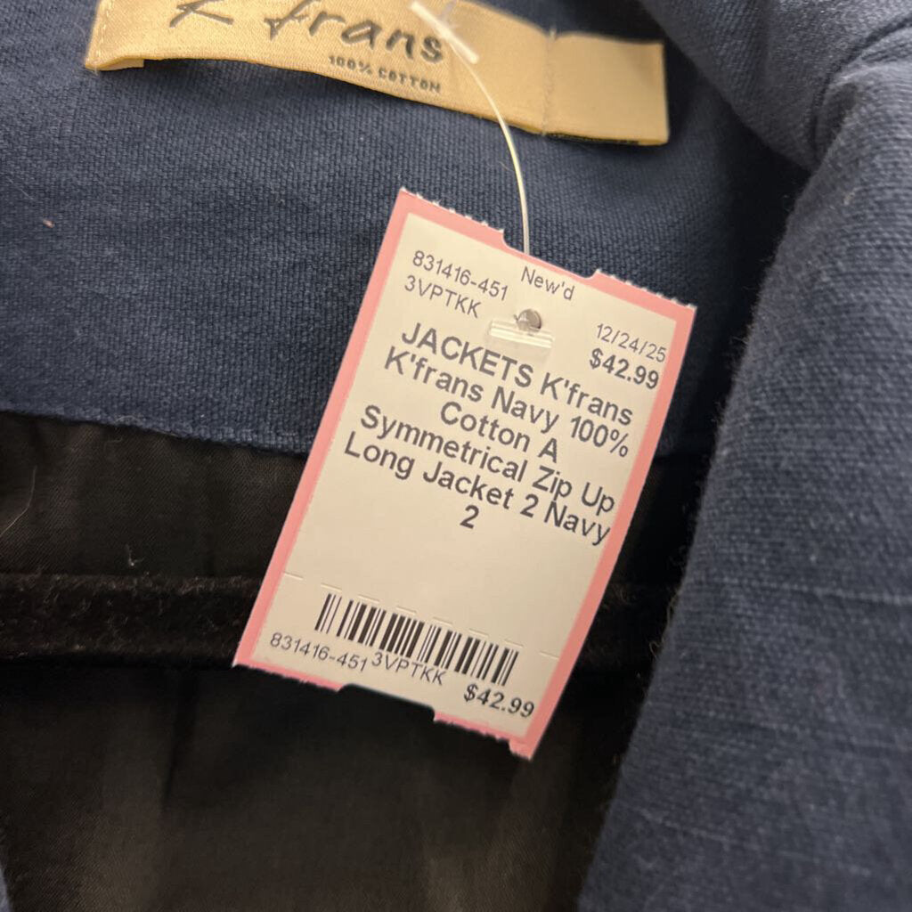 K'frans Navy 100% Cotton A Symmetrical Zip Up Long Jacket 2