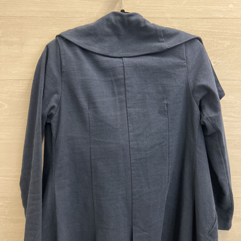 K'frans Navy 100% Cotton A Symmetrical Zip Up Long Jacket 2