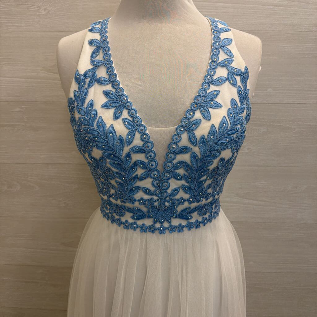 Blondie Nites White/ Blue Lace Top Long Formal Dress 5