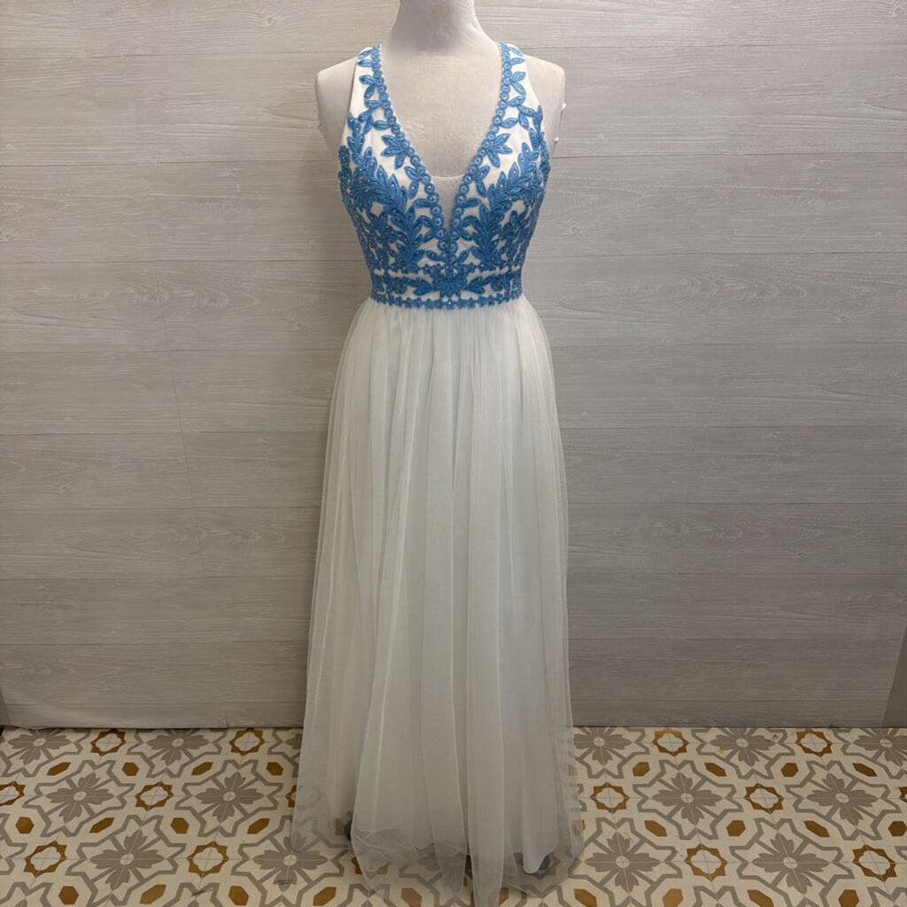 Blondie Nites White/ Blue Lace Top Long Formal Dress 5