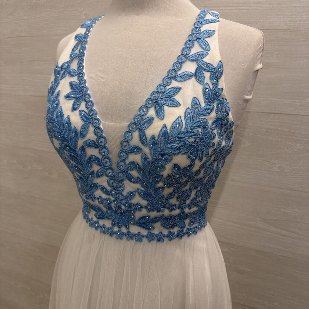 Blondie Nites White/ Blue Lace Top Long Formal Dress 5