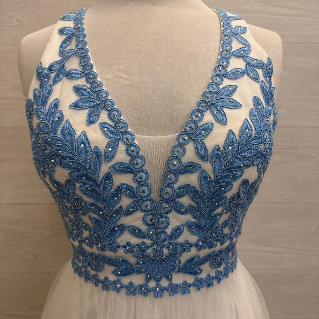 Blondie Nites White/ Blue Lace Top Long Formal Dress 5