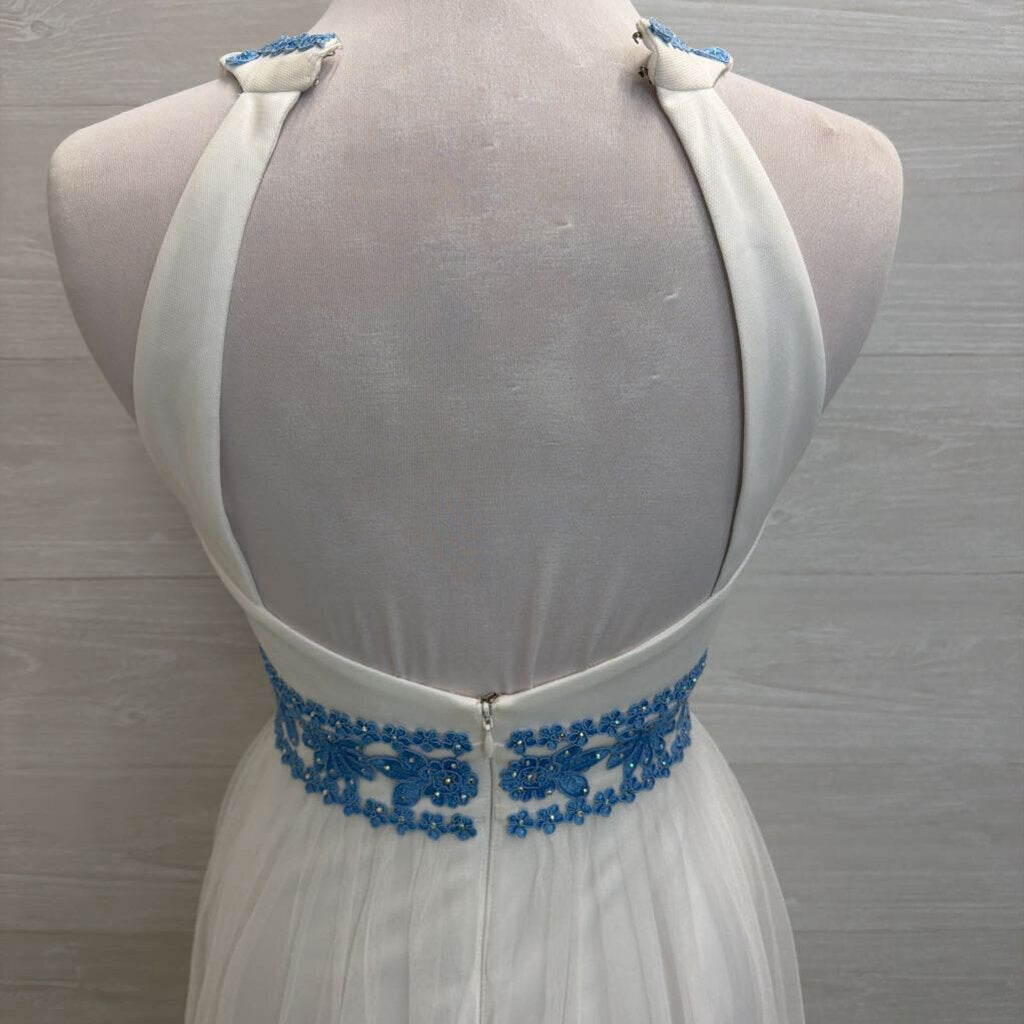Blondie Nites White/ Blue Lace Top Long Formal Dress 5