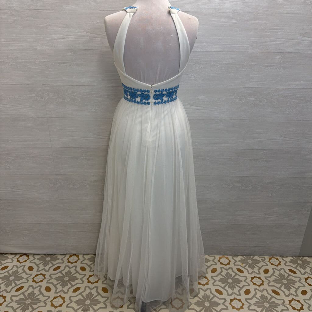 Blondie Nites White/ Blue Lace Top Long Formal Dress 5