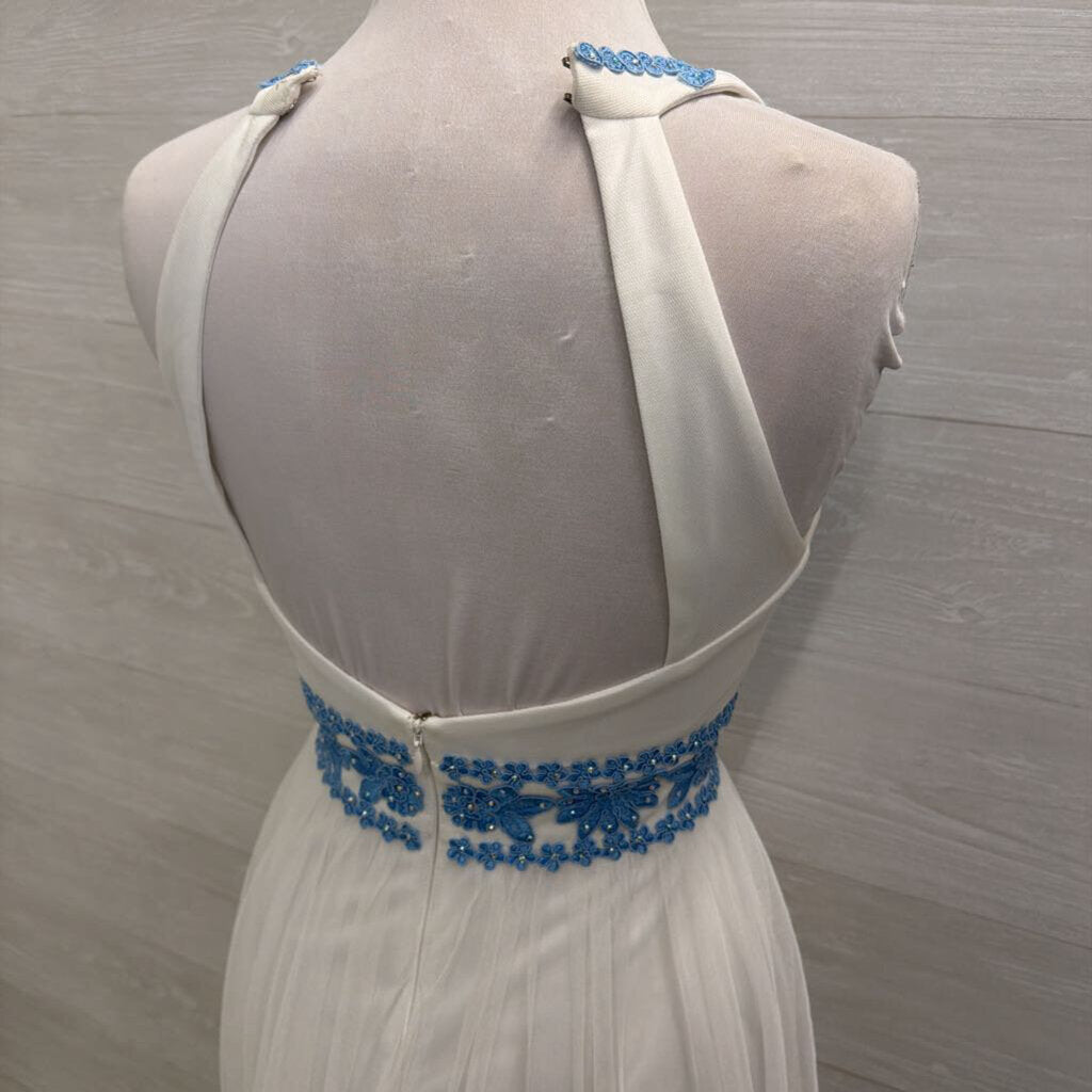 Blondie Nites White/ Blue Lace Top Long Formal Dress 5