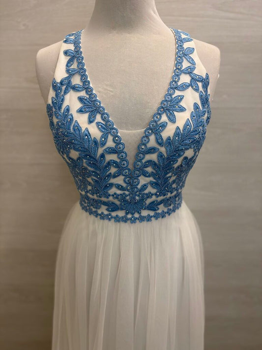 Blondie Nites White/ Blue Lace Top Long Formal Dress 5
