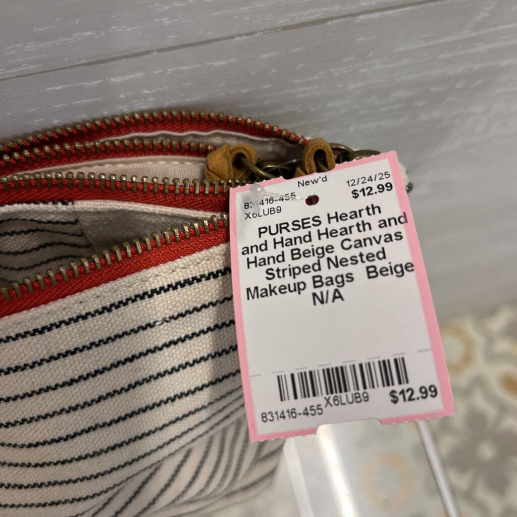 Hearth and Hand Beige Canvas Striped Nested Makeup Bags