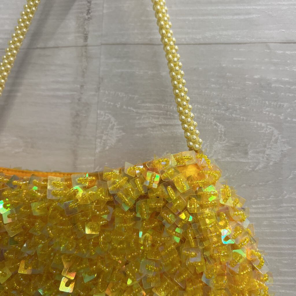 Yellow Sequin Beaded Pearl Strap Purse