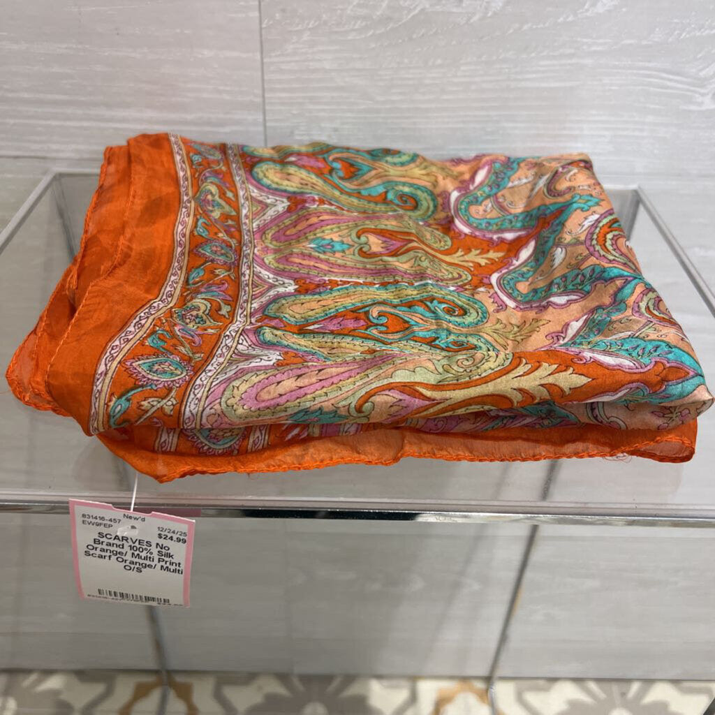 100% Silk Orange/ Multi Print Scarf