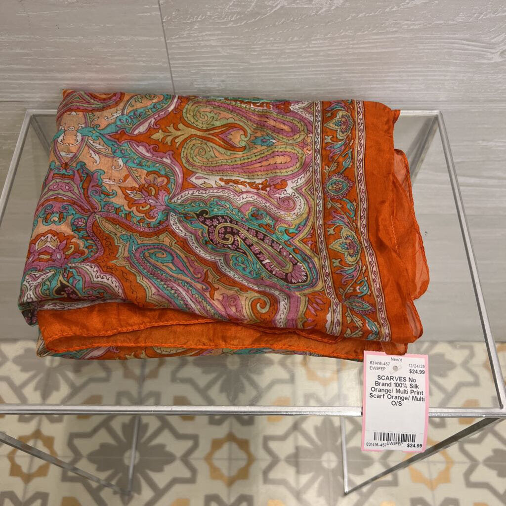 100% Silk Orange/ Multi Print Scarf