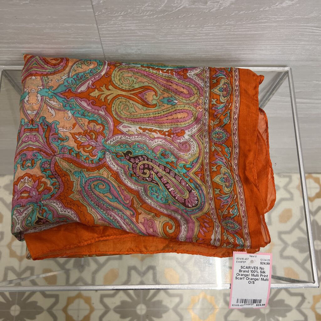 100% Silk Orange/ Multi Print Scarf
