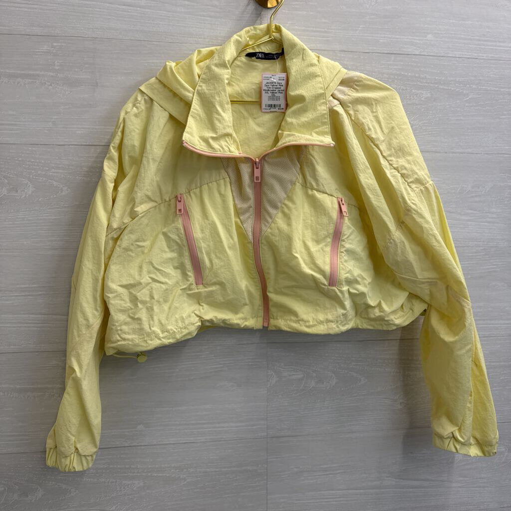 Zara Yellow/ Pink Trim Cropped Windbreaker Jacket XXL