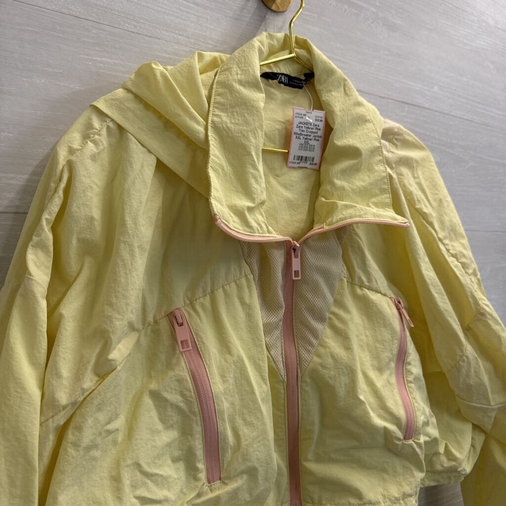 Zara Yellow/ Pink Trim Cropped Windbreaker Jacket XXL