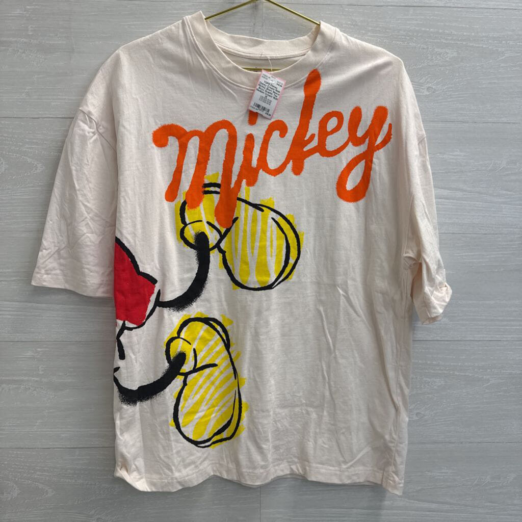 Disney Cream/ Multi Mickey Short Sleeve Boxy Graphic Tee Medium