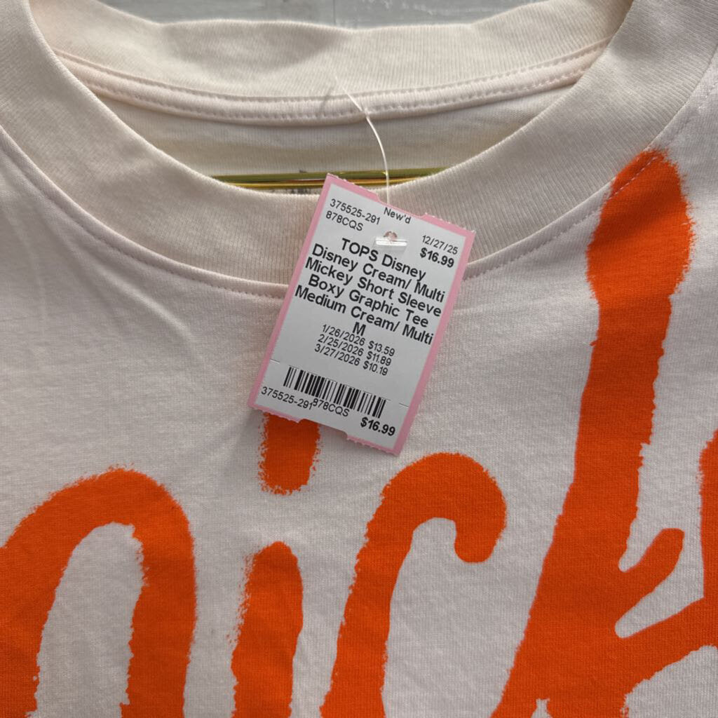 Disney Cream/ Multi Mickey Short Sleeve Boxy Graphic Tee Medium
