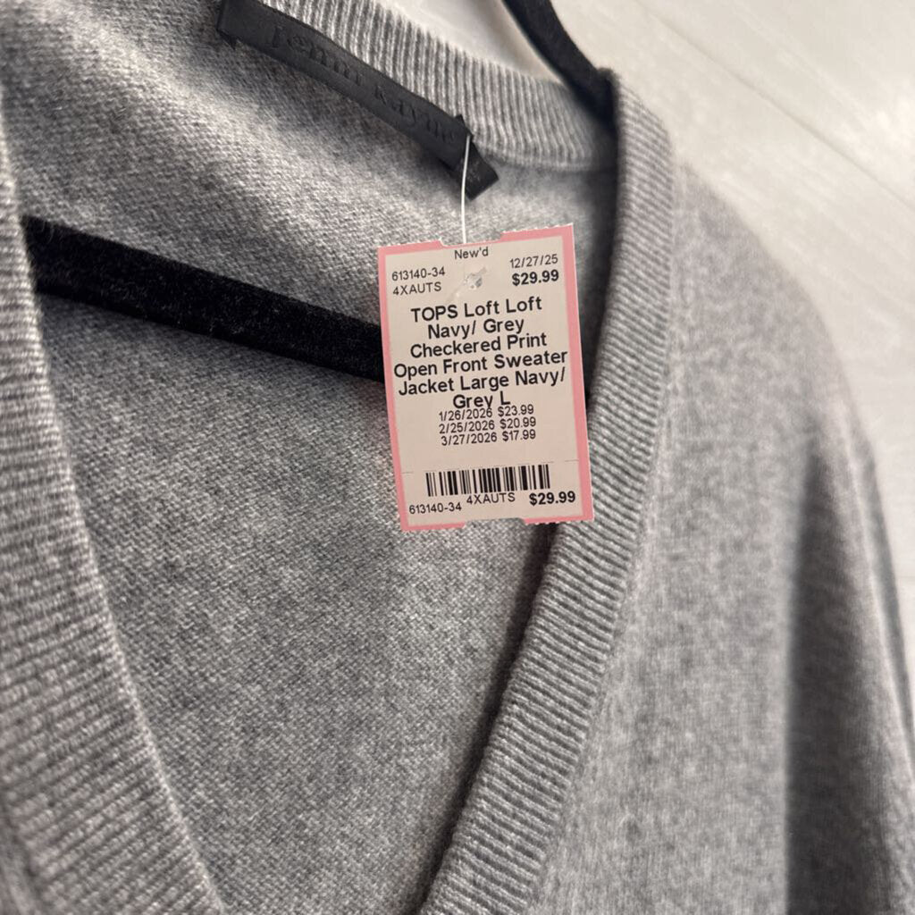 Loft Navy/ Grey Checkered Print Open Front Sweater Jacket Large