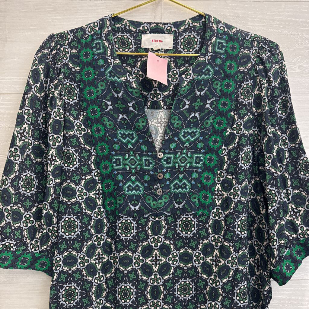 Xirena Navy/ Green Print Long Sleeve Top Large