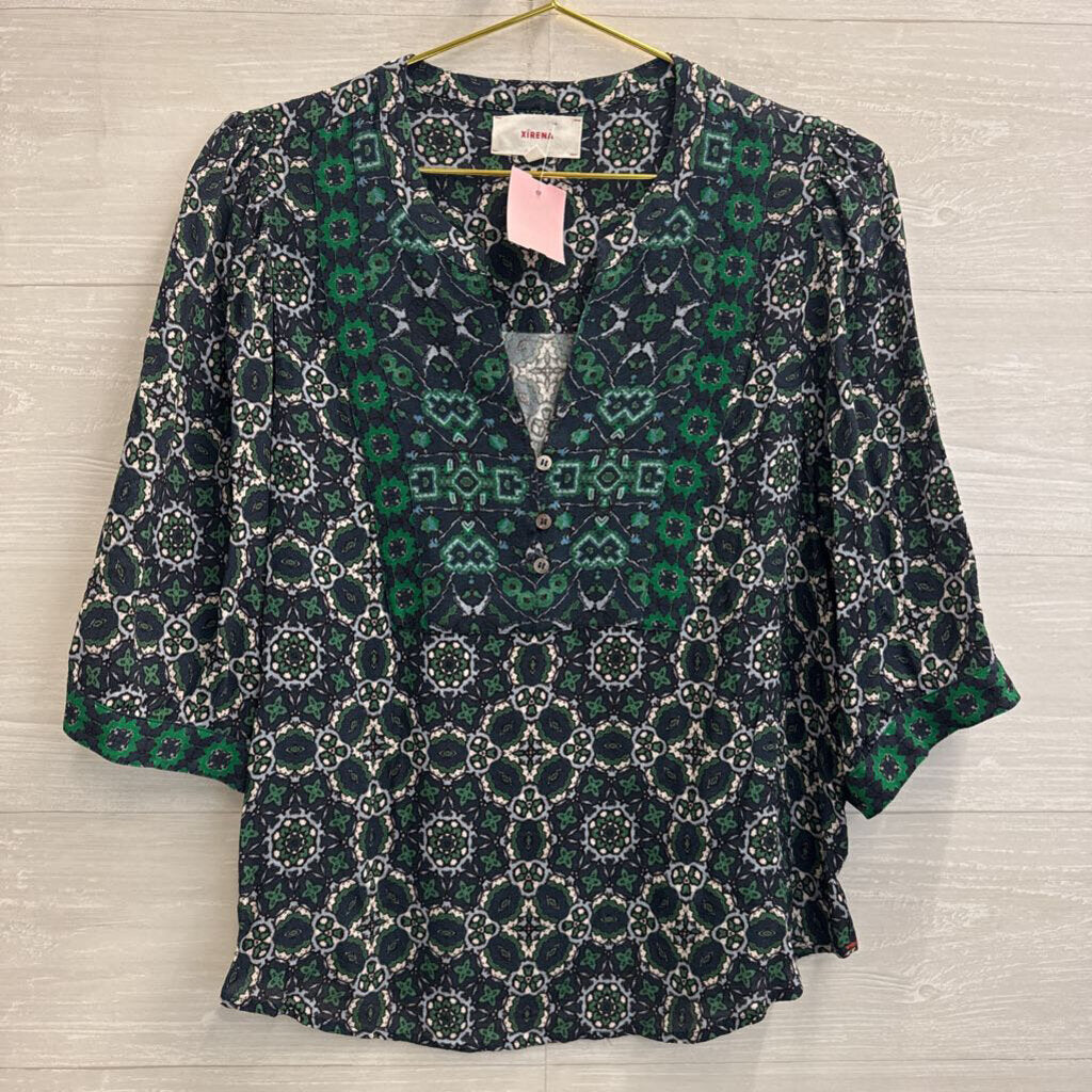 Xirena Navy/ Green Print Long Sleeve Top Large