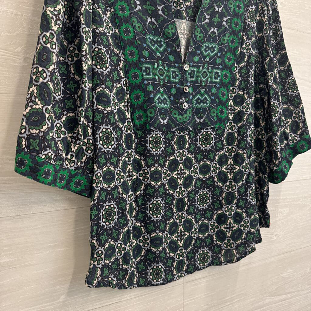Xirena Navy/ Green Print Long Sleeve Top Large