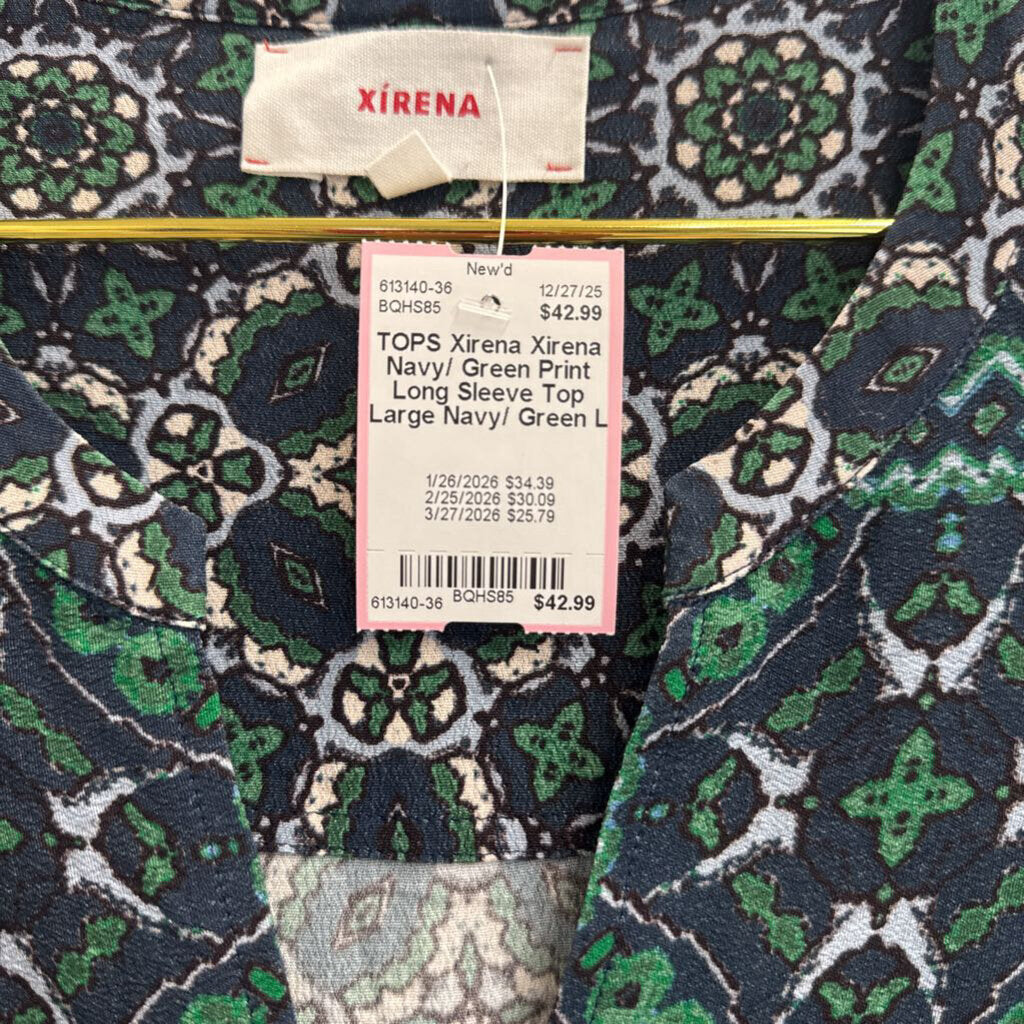 Xirena Navy/ Green Print Long Sleeve Top Large