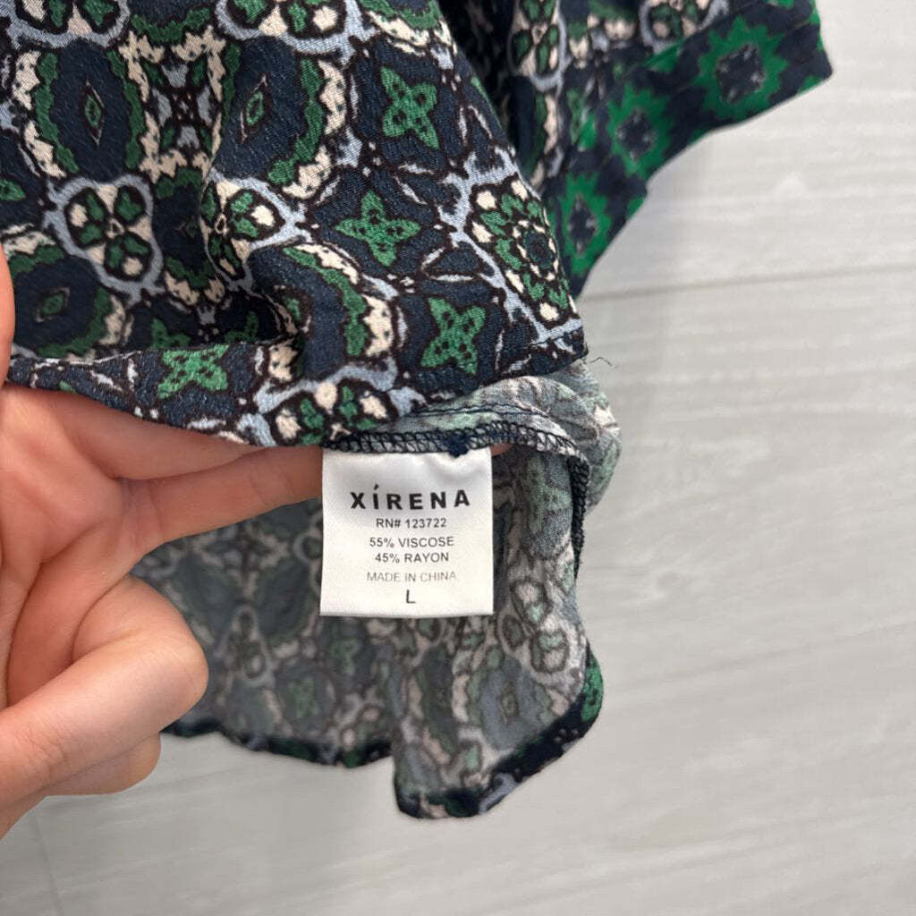 Xirena Navy/ Green Print Long Sleeve Top Large