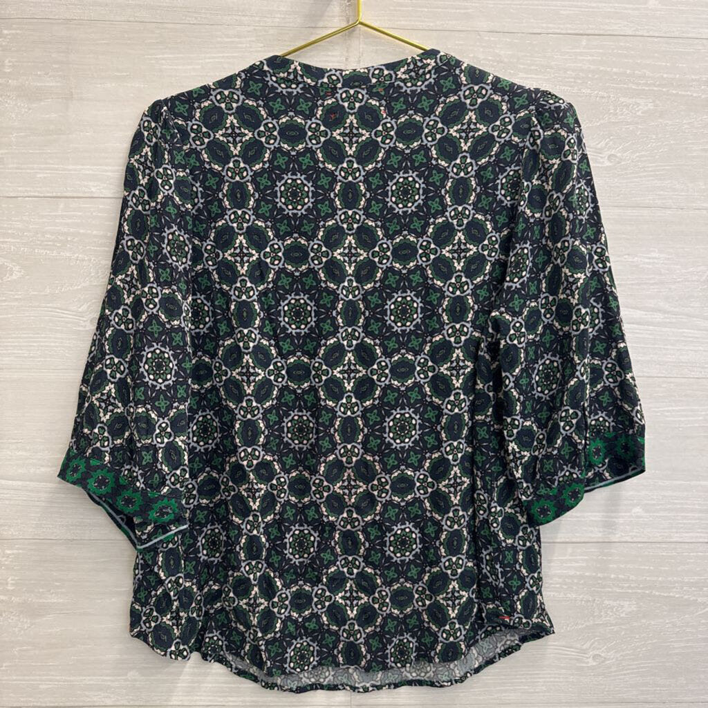 Xirena Navy/ Green Print Long Sleeve Top Large