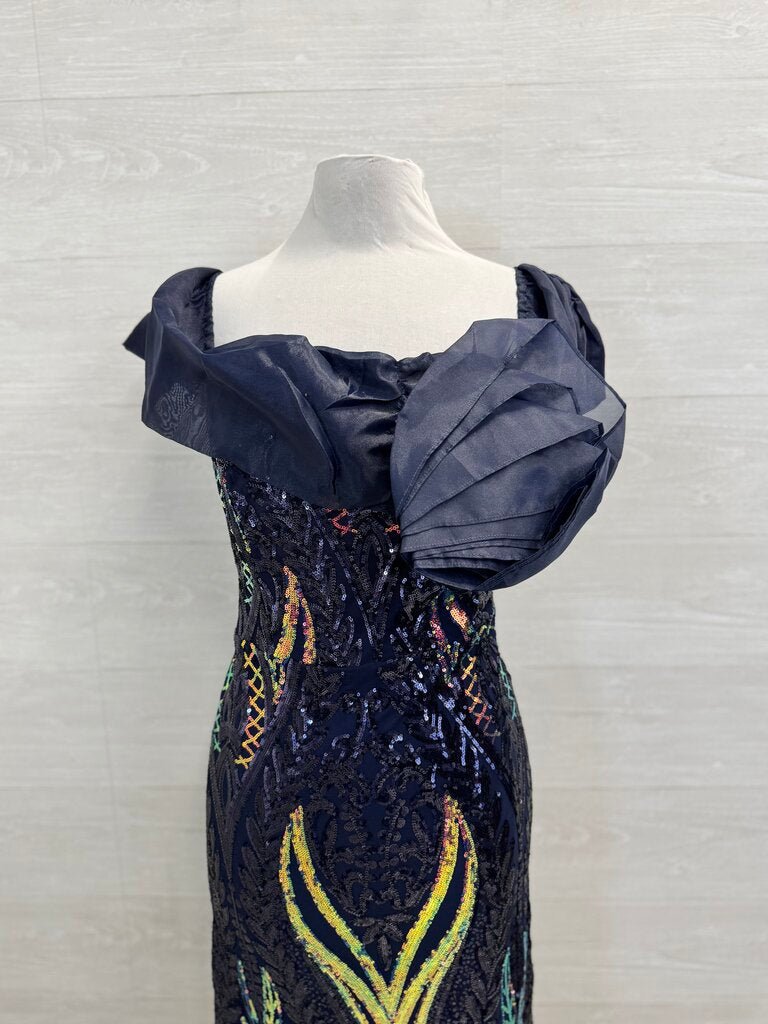 Navy/ Iridescent Sequin Print Off Shoulder Long Formal Dress 3XL