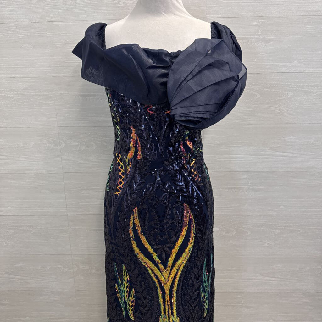 Navy/ Iridescent Sequin Print Off Shoulder Long Formal Dress 3XL