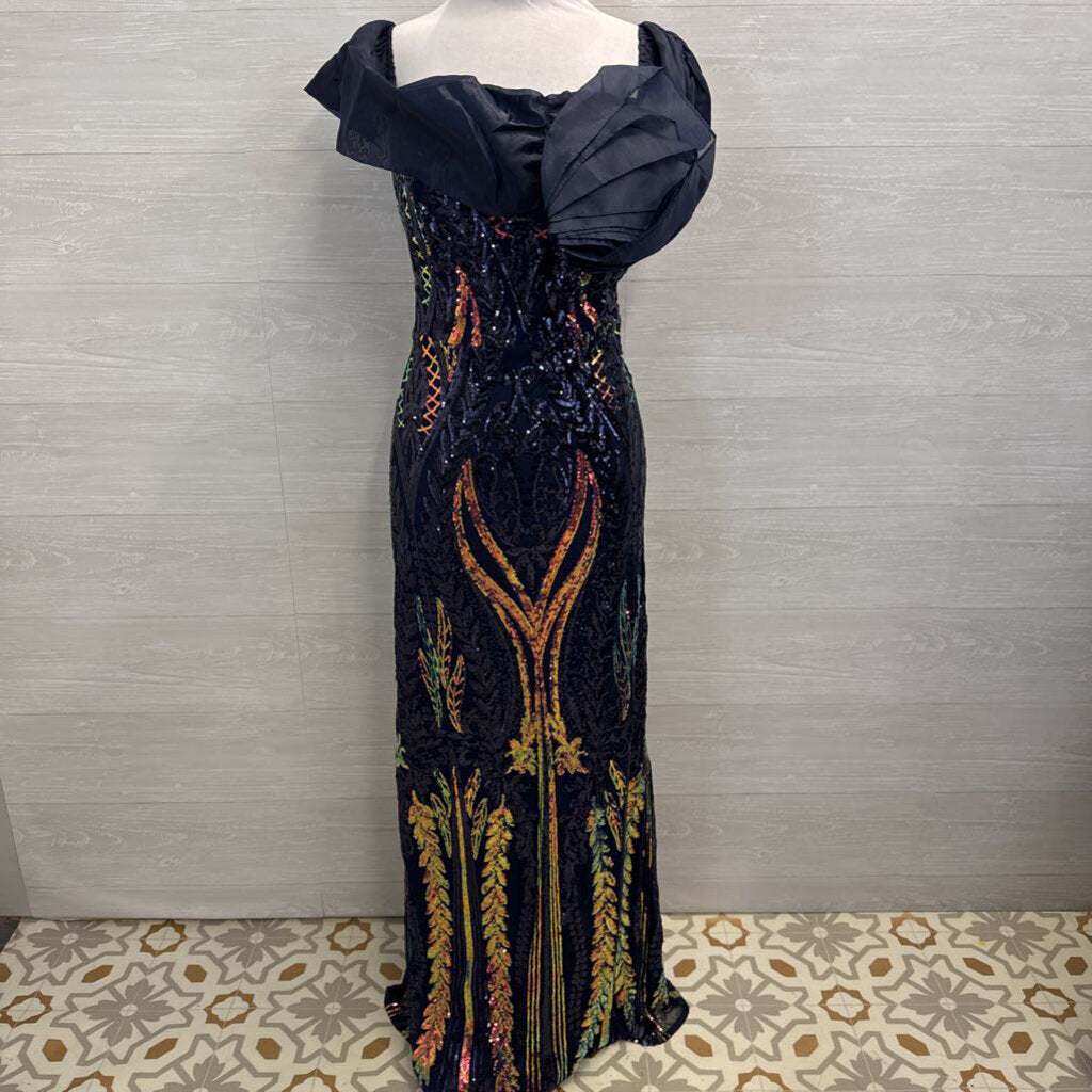 Navy/ Iridescent Sequin Print Off Shoulder Long Formal Dress 3XL