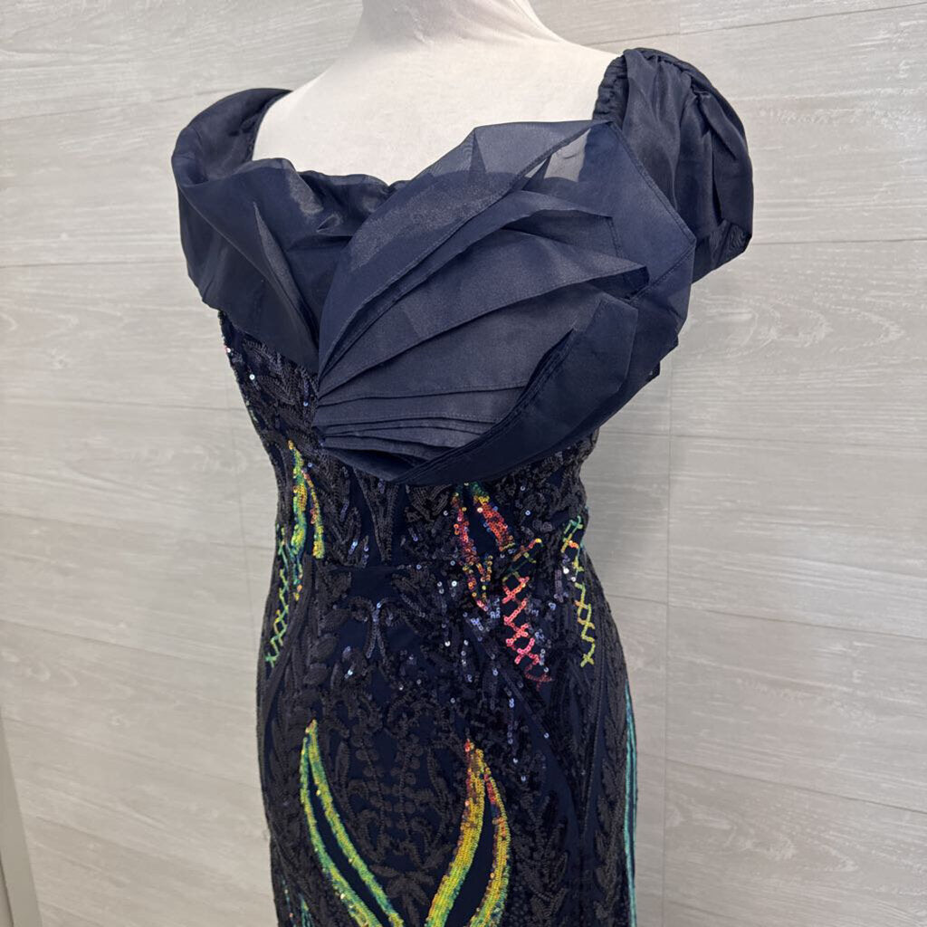 Navy/ Iridescent Sequin Print Off Shoulder Long Formal Dress 3XL