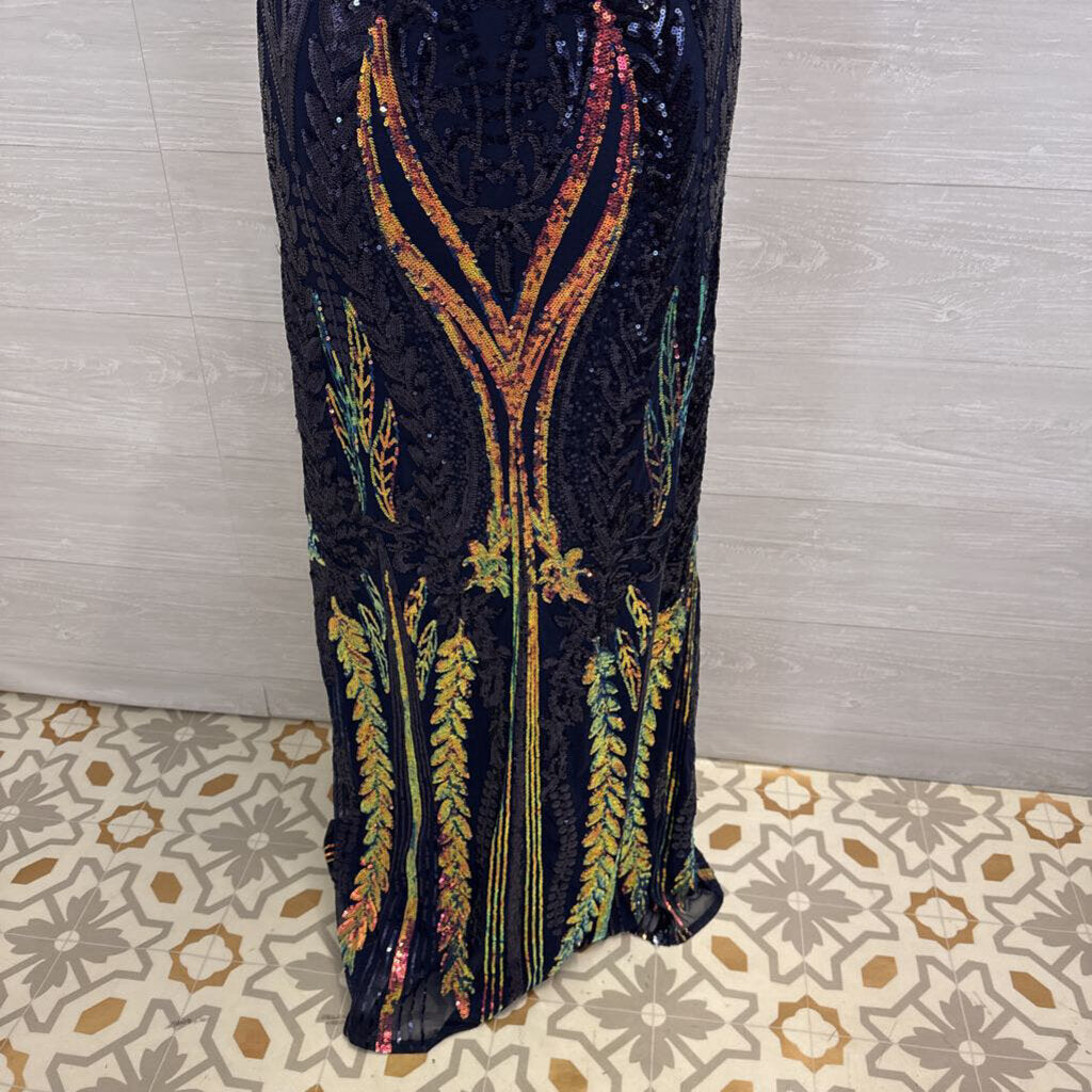 Navy/ Iridescent Sequin Print Off Shoulder Long Formal Dress 3XL