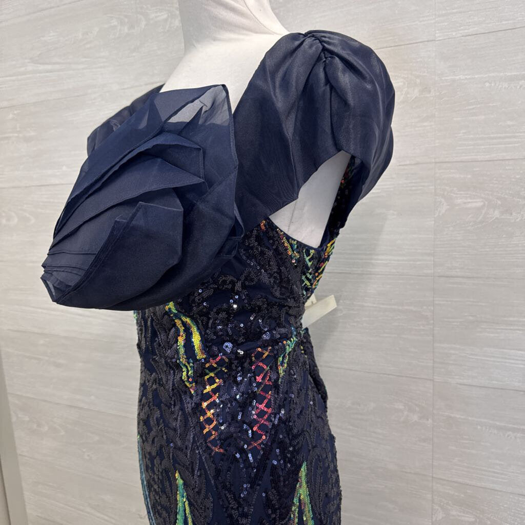 Navy/ Iridescent Sequin Print Off Shoulder Long Formal Dress 3XL