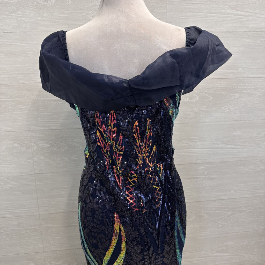 Navy/ Iridescent Sequin Print Off Shoulder Long Formal Dress 3XL