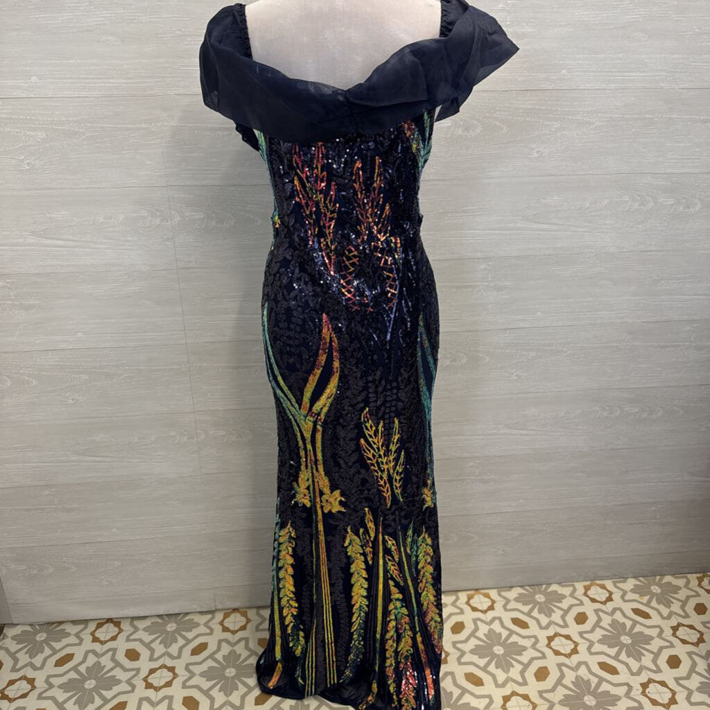 Navy/ Iridescent Sequin Print Off Shoulder Long Formal Dress 3XL