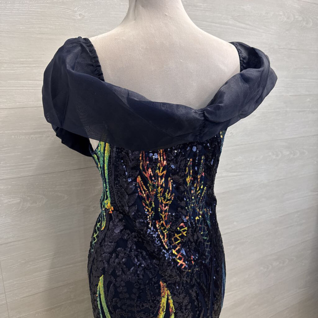 Navy/ Iridescent Sequin Print Off Shoulder Long Formal Dress 3XL
