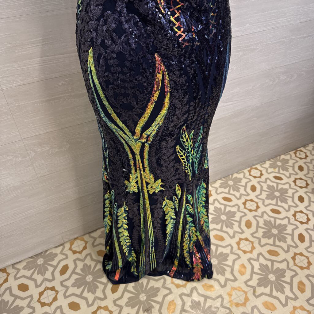 Navy/ Iridescent Sequin Print Off Shoulder Long Formal Dress 3XL