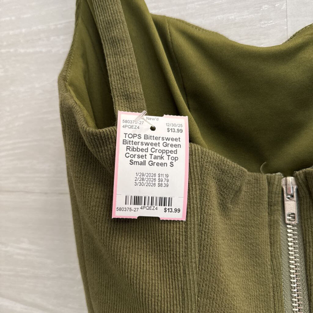 Bittersweet Green Ribbed Cropped Corset Tank Top Small