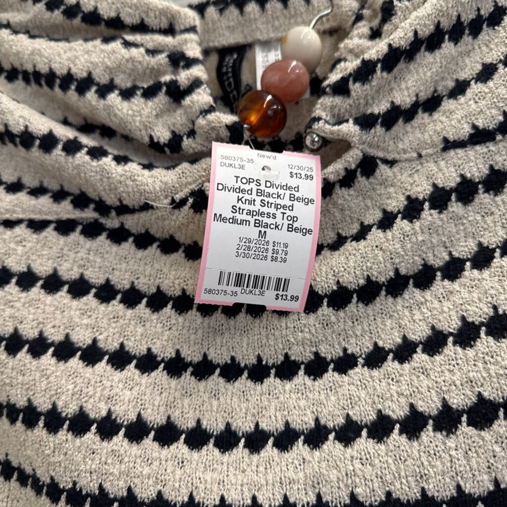 Divided Black/ Beige Knit Striped Strapless Top Medium