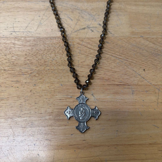 Grey Quartz Beaded Necklace With St. Anthony Cross