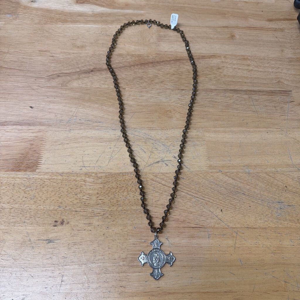 Grey Quartz Beaded Necklace With St. Anthony Cross