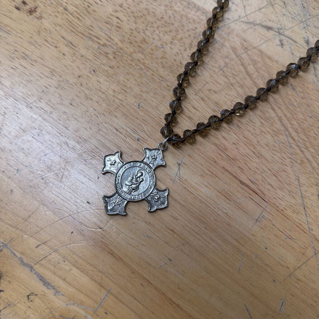 Grey Quartz Beaded Necklace With St. Anthony Cross