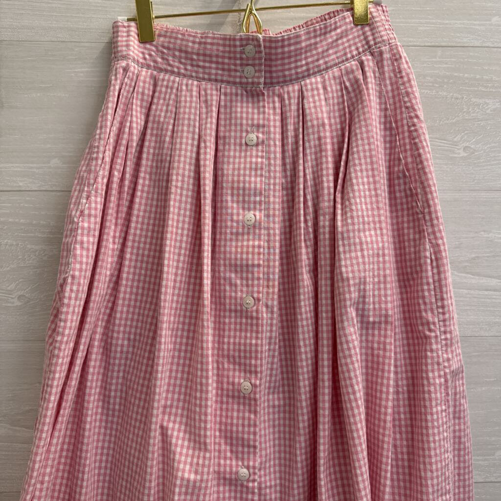 Vintage Karen Scott Pink/ White Gingham Print Button Front Midi Skirt Small