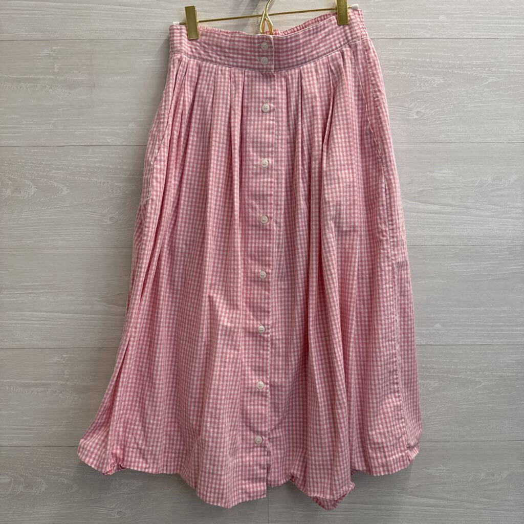Vintage Karen Scott Pink/ White Gingham Print Button Front Midi Skirt Small