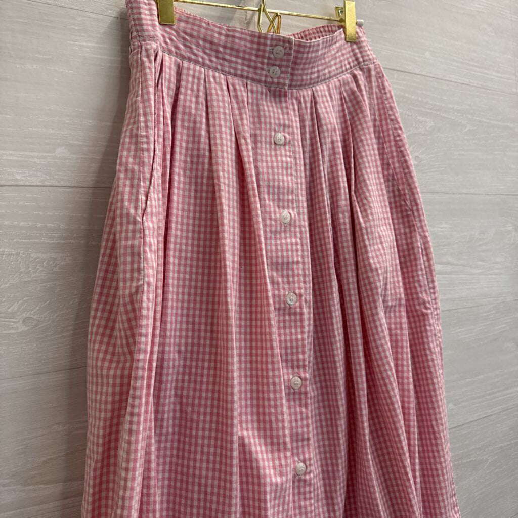 Vintage Karen Scott Pink/ White Gingham Print Button Front Midi Skirt Small